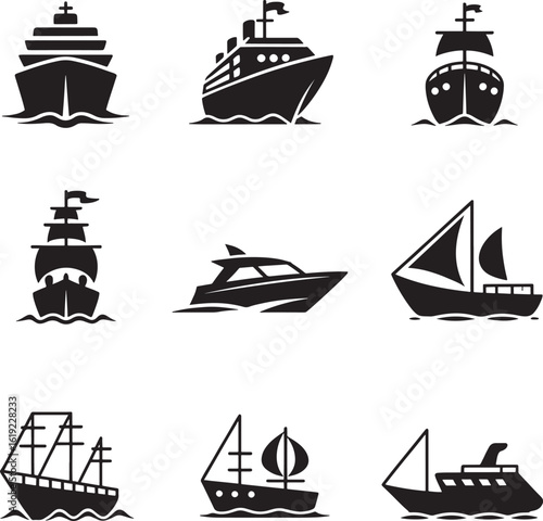 Collection of diverse ship and boat silhouettes for nautical themes