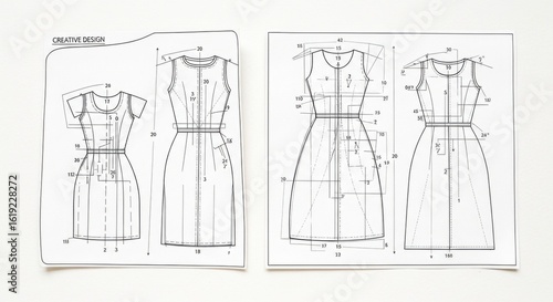 Technical Dress Pattern Sketches Showing Detailed Garment Design and Construction