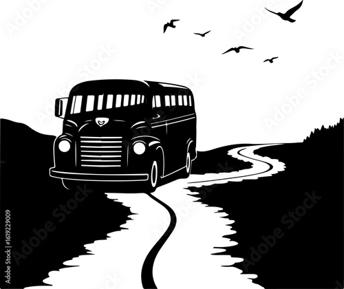 vector illustration of a bus, bus, car, transport, transportation, travel, vehicle, road, vector, coach, van, isolated, illustration, tour, vintage, city, auto, public, red, old, cartoon, retro, passe