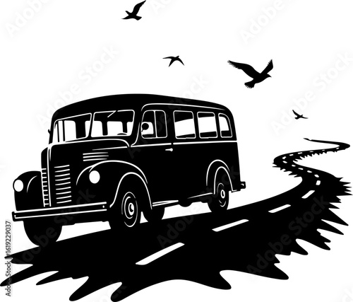 vector illustration of a bus, bus, car, transport, transportation, travel, vehicle, road, vector, coach, van, isolated, illustration, tour, vintage, city, auto, public, red, old, cartoon, retro, passe