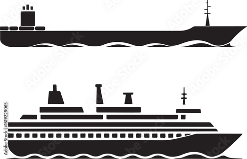 Silhouettes of a cargo ship and a passenger cruise liner