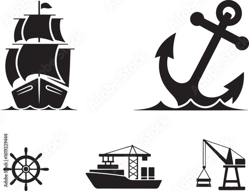Nautical icons featuring ships anchor wheel and crane