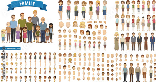 Cartoon family creation kit. Parents, children and grandparents characters constructor. Big family, mascot emotions, body gesture and hairstyle.