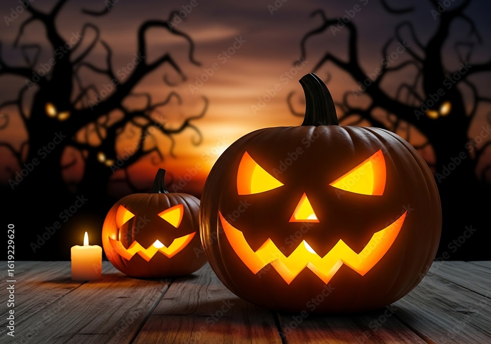 Two glowing jackolanterns with scary faces on a wooden surface at night, with spooky trees in the background Two glowing jackolanterns with scary faces on a wooden surface at night, with spooky trees in the background