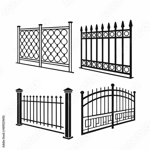 Wrought iron gate and fence set with vintage metal bars design