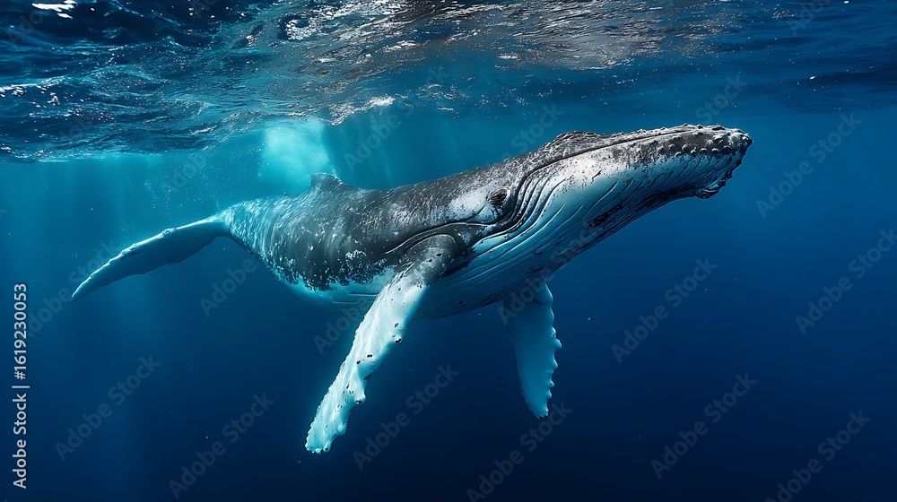 Fototapeta premium Whale Swimming Underwater in Blue Ocean Sunlight