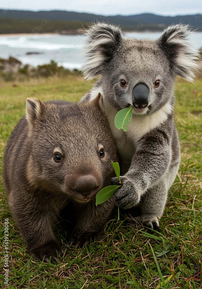 Fototapeta premium A Wombat and Koala Pose Together on a Grassy Hilltop, Australian native animals enjoying a leafy snack on a green coastline