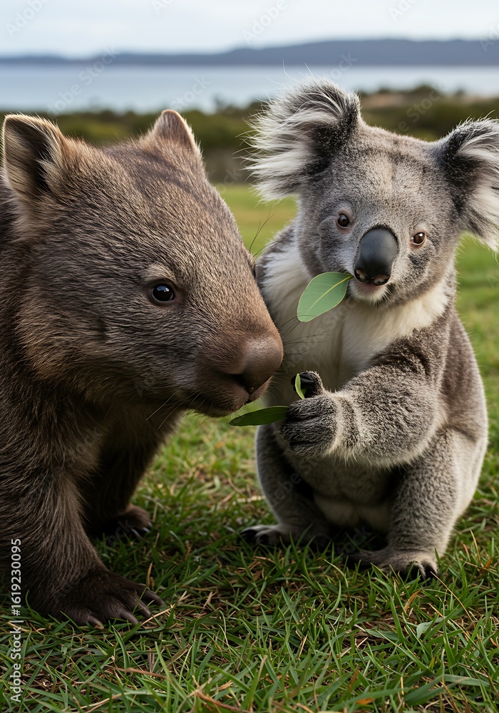 Fototapeta premium An unlikely friendship blossoms between a wombat and a koala munching on eucalyptus leaves, A heartwarming portrait of an Australian wombat and koala sharing a meal on green grass
