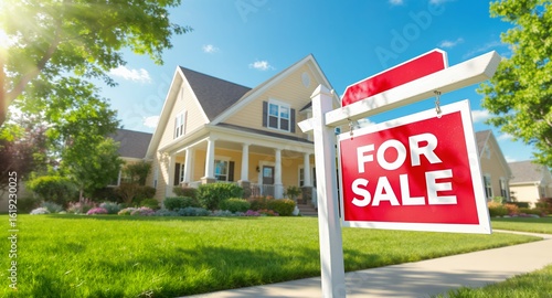 For Sale Sign on Lush Green Lawn in Front of Beautiful Residential House Under Bright Blue Sky