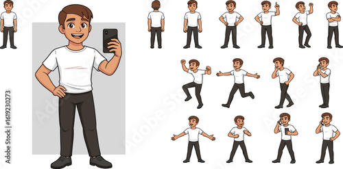 Set of man character vector design. Presentation in various action with emotions, running, standing and walking.