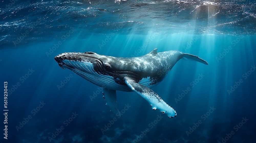 Fototapeta premium Humpback Whale Swimming Underwater in the Ocean Sunlight