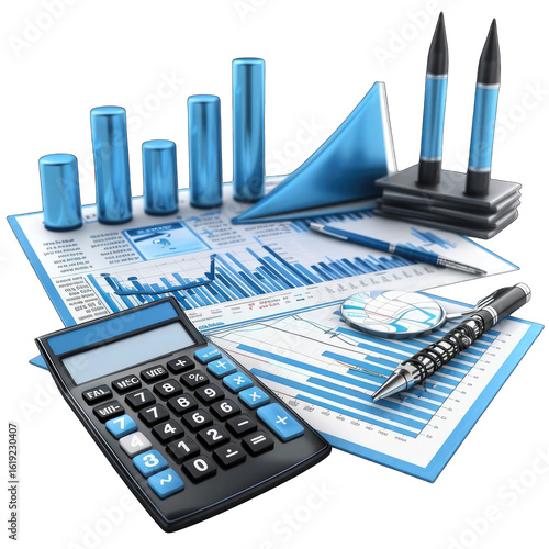Business documents, charts, and tools.  Financial data displayed on graphs, charts, and spreadsheets.  