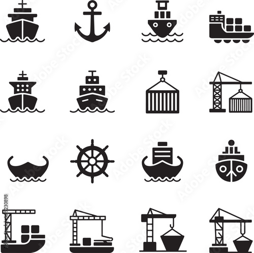 Collection of nautical and maritime transportation and shipping icons