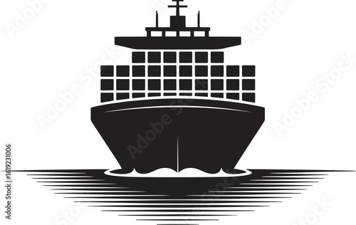Silhouette of a massive cargo ship loaded with containers at sea