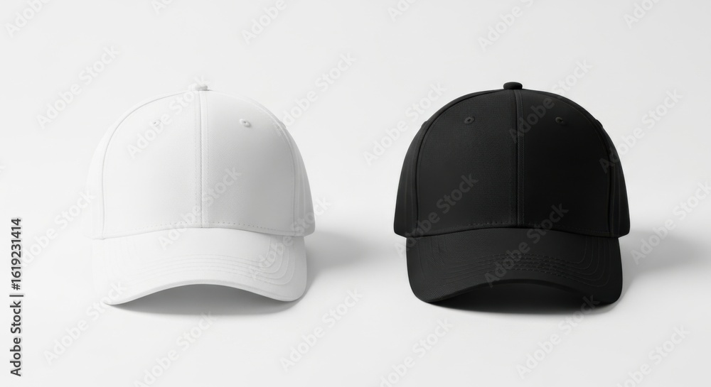 Fototapeta premium Black and White Baseball Caps on White Surface in Minimalist Style