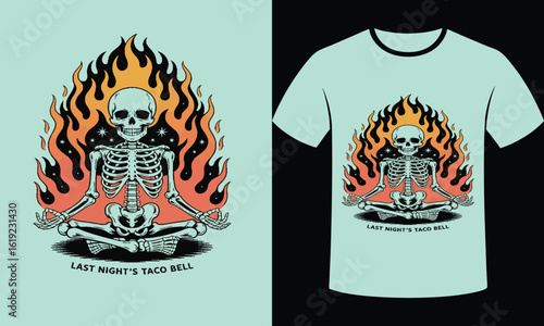 Skeleton meditating surrounded by flames meditation fire