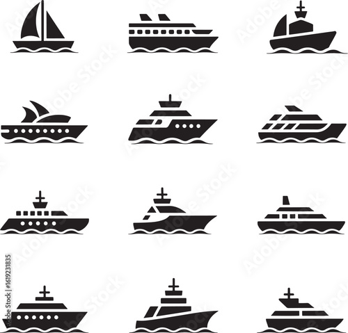 Collection of various ship and boat silhouettes on water