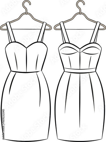 Elegant sleeveless dress front and back view, fitted bodice, sweetheart neckline, technical flat sketch, fashion illustration, dress design template