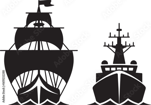 Silhouette comparison of old sailing ship and modern warship