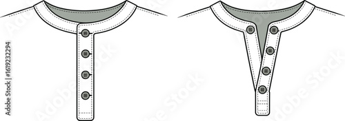 Flat sketch of button placket Henley neckline, open and closed view, fashion technical drawing, apparel design, clothing illustration template