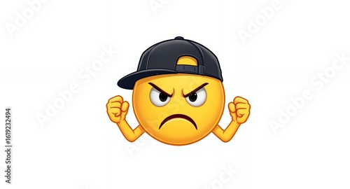 Angry emoticon yellow face baseball cap fists cartoon character illustration digital art