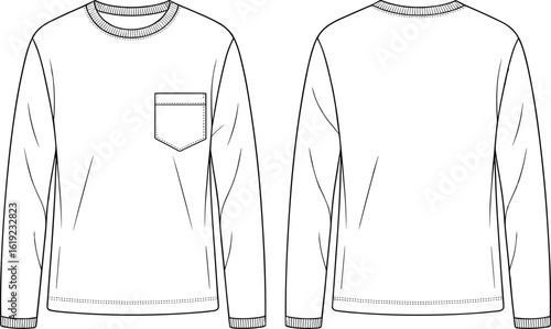 Flat sketch of men’s long sleeve t-shirt with chest pocket, front and back view, apparel design template, fashion illustration