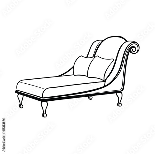 Minimalist black outline chaise lounge sofa on white background