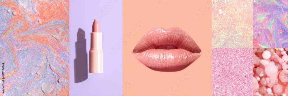 Obraz premium Collage of Beauty Icons Featuring Lips, Brush, and Bottle on a Pastel Colored Backdrop With a Clean Left Side Design