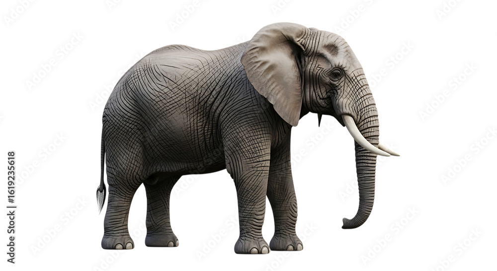 Fototapeta premium A large African elephant standing in a full shot, isolated against a white background.