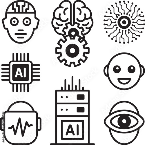 Artificial Intelligence Icons with Human Brain and Robot Head