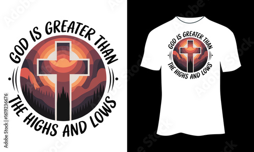God is Greater Than the Highs and Lows – Christian Circular Design with Cross, Mountains, and Sunset Gradient