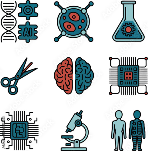 D N A molecule A I chip brain cell flask scissors microscope human figures artificial intelligence