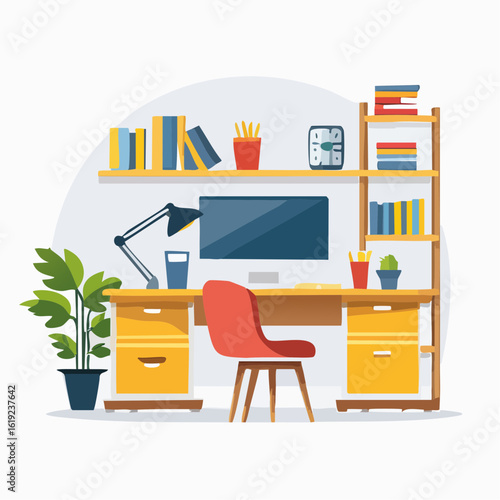 Illustration of a computer monitor displaying an open email, surrounded by office supplies and icons.