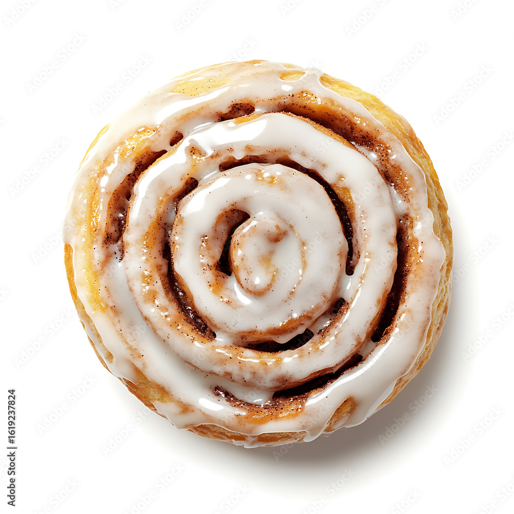 Fototapeta premium Glazed Cinnamon Roll with Swirled Icing on White Background