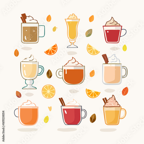A collection of illustrated seasonal hot drinks in mugs, topped with whipped cream, cinnamon sticks, and orange slices.