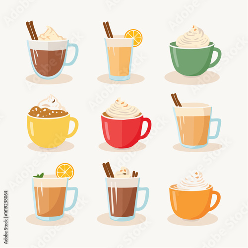 A colorful illustrated set of various warm autumn drinks in mugs, topped with whipped cream and spices.