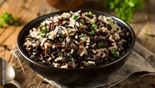 Hearty Wild Rice Pilaf with Fresh Parsley in a Dark Ceramic Bowl on a Rustic Wooden Surface