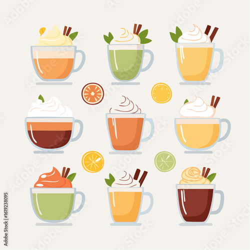 Wallpaper Mural A colorful illustrated set of various hot drinks in mugs, garnished with whipped cream, cinnamon, and citrus. Torontodigital.ca