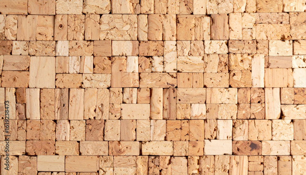 Fototapeta premium Cork Wall Texture: A captivating shot of a detailed, close-up view of a cork wall, with individual cork pieces of varying shapes and sizes, creating an intriguing, naturalistic texture.