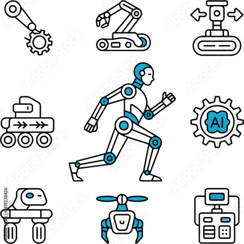 Robot Running With Technology Icons for Artificial Intelligence Concept
