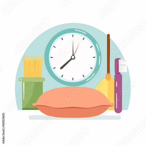 An illustration of daily routine essentials, including a clock, pillow, toothbrush, and brush, representing a personal schedule.