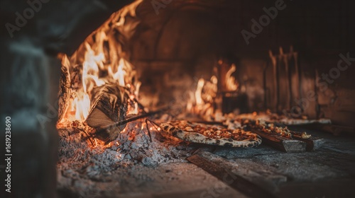 Wood-fired pizzas baking in a traditional oven.