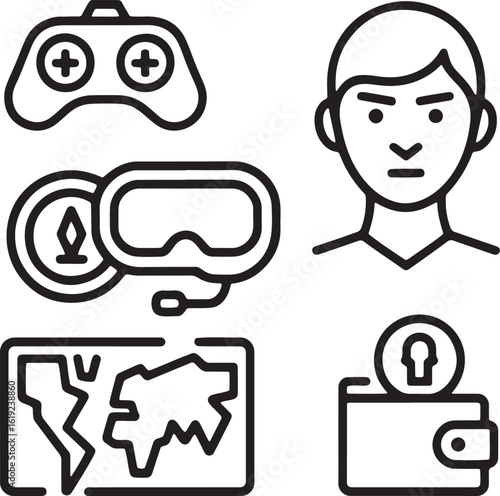 Gaming controller virtual reality headset map and wallet icons vector
