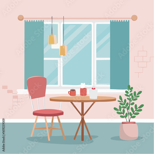 Illustration of a cozy dining area with a round wooden table, a chair, a potted plant, and a window with curtains, illuminated by hanging lamps.