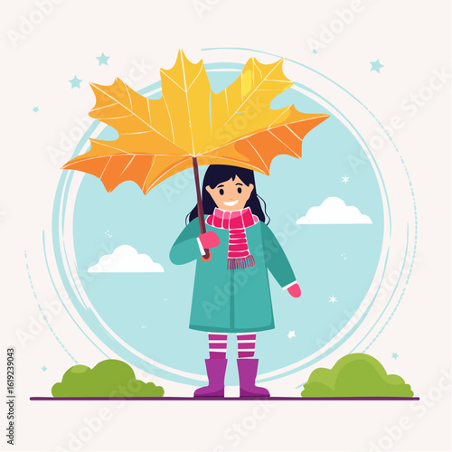 A cheerful cartoon girl in a coat and scarf holds a large yellow maple leaf umbrella.