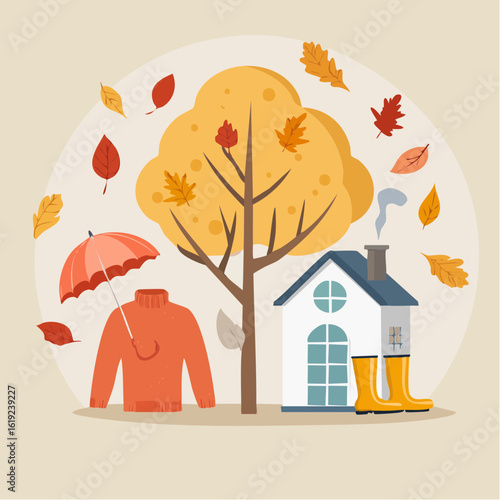 Autumnal scene with a tree, house, and fall accessories.
