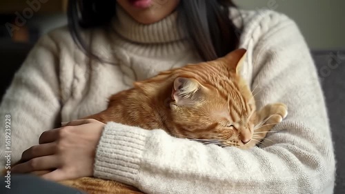A heartwarming close-up of a cat purring and kneading on a person's soft sweater.