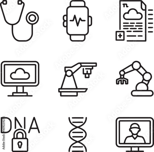 Medical science technology icons stethoscope smartwatch D N A medical chart computer