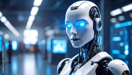 A female humanoid robot, with glowing blue eyes, stands in a futuristic server room