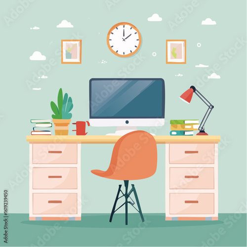 A modern home office or workplace interior with a desk, computer, chair, and a clock on the wall.